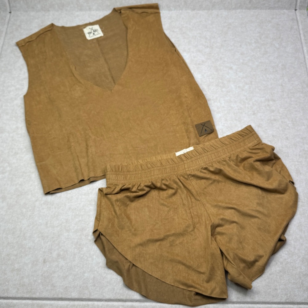 Tribe Kelley Faux Suede Cropped Top Shorts Set Tan Brown minimalistic Size Large